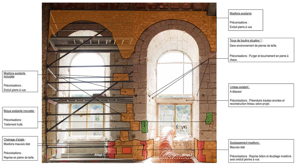 Relevé des façades intérieures après décroutage et identifications des matériaux et reprises à effectuer<br>Documents INCA Architectes - Photographies Jérémie Faivre - Adobe illustrator