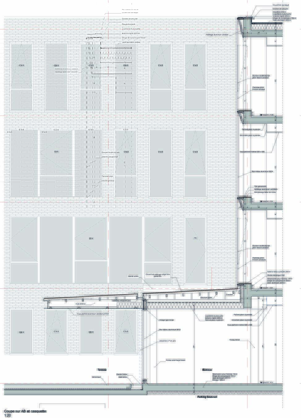 Détails sur casquette ouest et façade extérieure - Phase PRO - Immeuble de bureaux P2i à Saint-Herblain (44)<br>Document Topos Architecture - Archicad 19 - BimX
