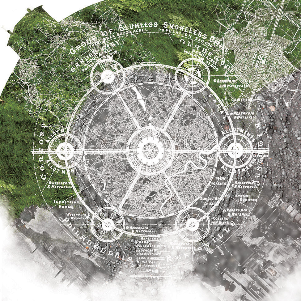 Tableau Welwyn Garden City - Une utopie dans l’utopie.<br>Document personnel - Adobe Photoshop